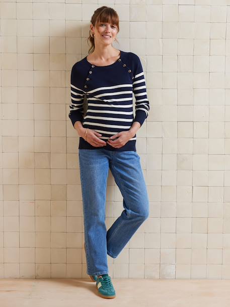 Striped nursing clothes jumper with raglan openings navy blue 