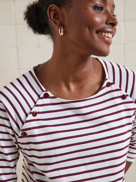 Striped nursing clothes t-shirt in organic cotton* bordeaux red 