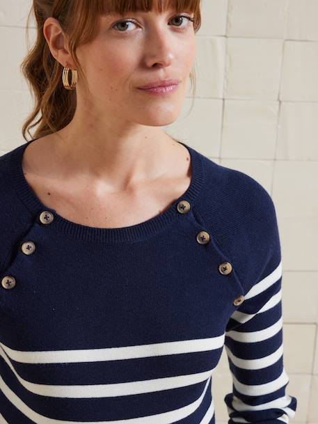 Striped nursing clothes jumper with raglan openings navy blue 