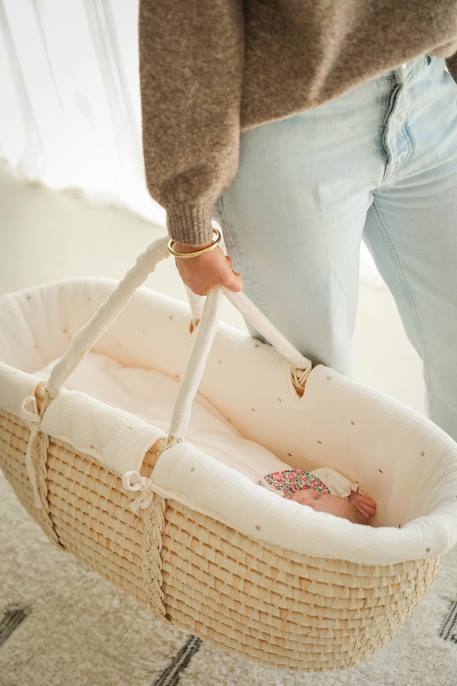 Moses Basket in Woven Natural Fibres for Babies, ENVIE DE FRAISE 0016+beige+sage green 
