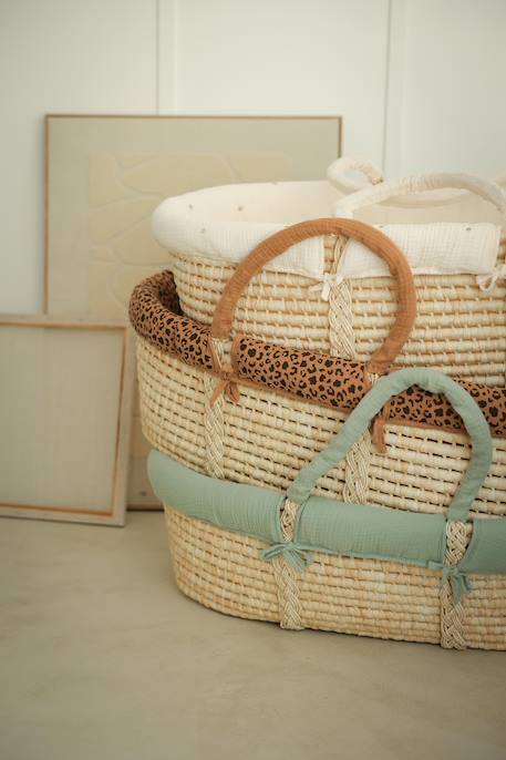 Moses Basket in Woven Natural Fibres for Babies, ENVIE DE FRAISE 0016+beige+sage green 