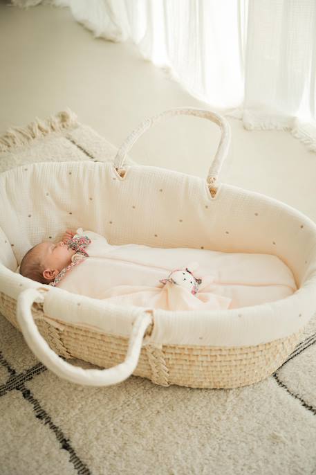 Moses Basket in Woven Natural Fibres for Babies, ENVIE DE FRAISE 0016+beige+sage green 