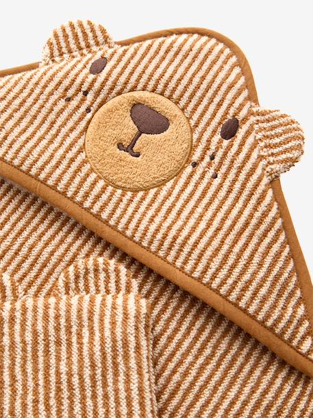 Bath cape + PETIT OURS wash mitt, with recycled cotton striped beige 