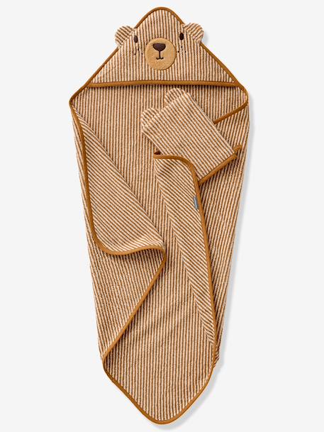 Bath cape + PETIT OURS wash mitt, with recycled cotton striped beige 