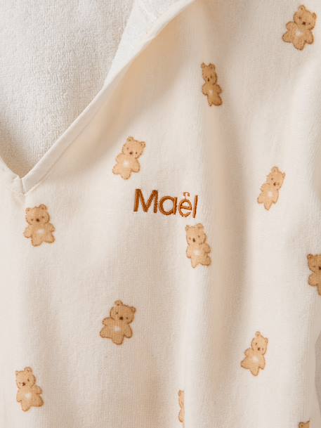 Customisable PETIT OURS baby bath poncho, with recycled cotton printed white 