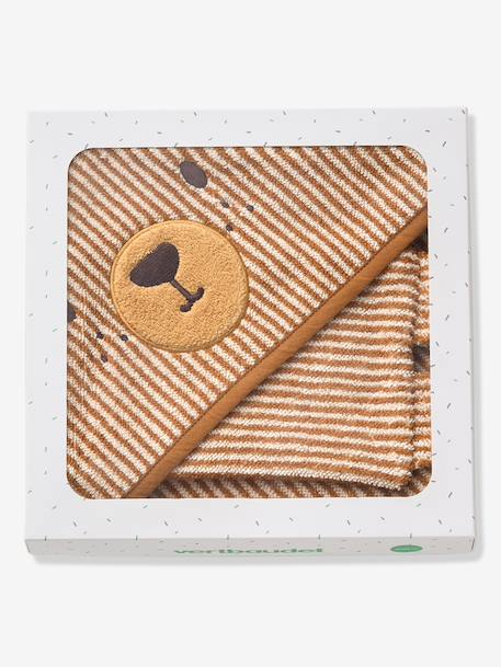 Bath cape + PETIT OURS wash mitt, with recycled cotton striped beige 
