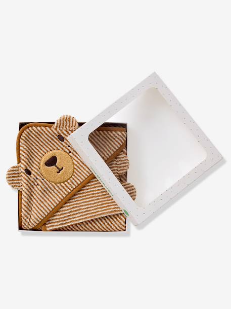 Bath cape + PETIT OURS wash mitt, with recycled cotton striped beige 