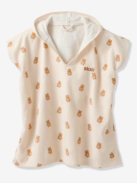 Customisable PETIT OURS baby bath poncho, with recycled cotton printed white 