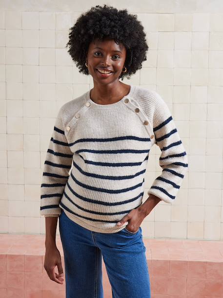 Nautical Style Jumper with Shoulder Openings for Maternity & Nursing marl beige+navy blue 