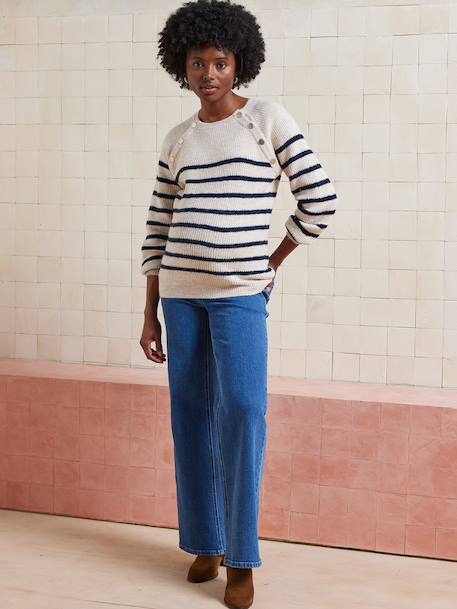 Nautical Style Jumper with Shoulder Openings for Maternity & Nursing marl beige+navy blue 