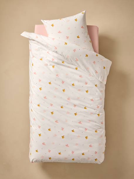 Duvet cover set + essential children's HIRONDELLES pillowcase, with recycled cotton printed white 
