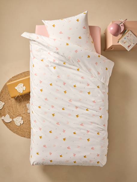 Duvet cover set + essential children's HIRONDELLES pillowcase, with recycled cotton printed white 