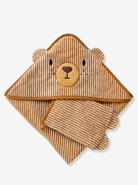 Bath cape + PETIT OURS wash mitt, with recycled cotton striped beige 