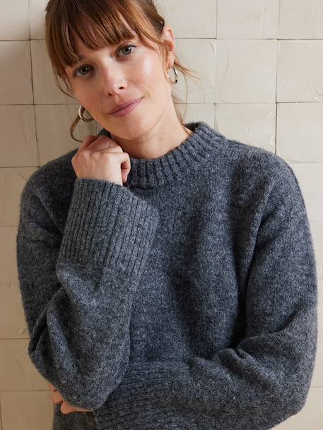 Round-Neck Jumper for Nursing, in Jersey Knit with Wool anthracite+fuchsia 