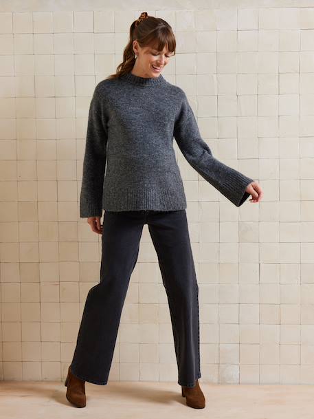 Round-Neck Jumper for Nursing, in Jersey Knit with Wool anthracite+fuchsia 
