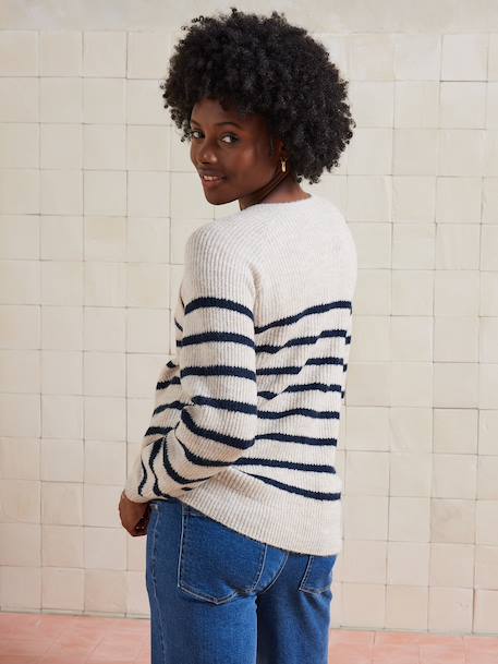 Nautical Style Jumper with Shoulder Openings for Maternity & Nursing marl beige+navy blue 