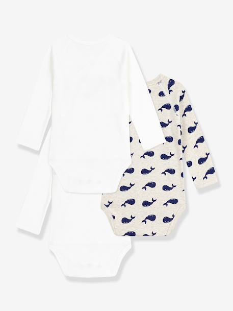 Pack of 3 Printed Long-Sleeved Wrapover Bodysuits for Babies, PETIT BATEAU white 