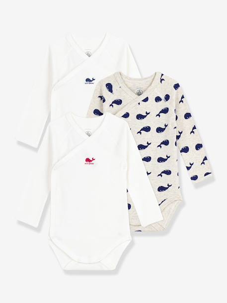 Pack of 3 Printed Long-Sleeved Wrapover Bodysuits for Babies, PETIT BATEAU white 