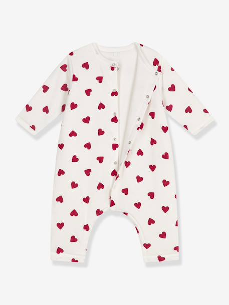 Quilted Cotton Jumpsuit with Heart Print for Babies, PETIT BATEAU white 
