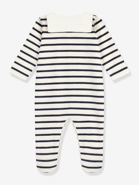 Unisex Pyjamas in Printed Striped Velour for Babies, PETIT BATEAU navy blue 