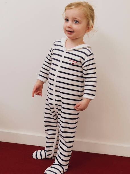 Unisex Pyjamas in Printed Striped Velour for Babies, PETIT BATEAU navy blue 