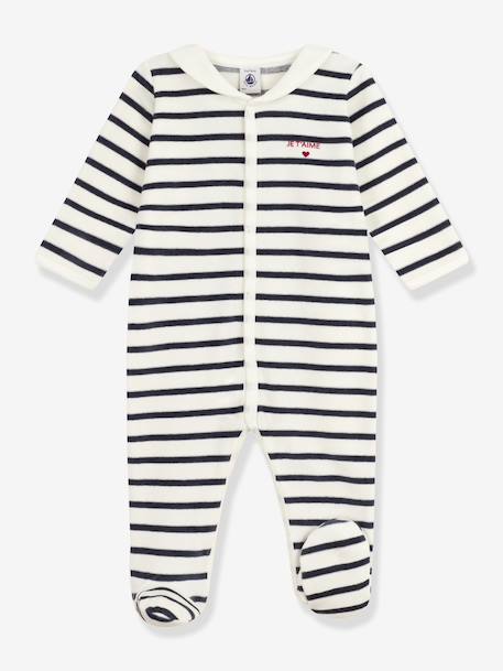 Unisex Pyjamas in Printed Striped Velour for Babies, PETIT BATEAU navy blue 
