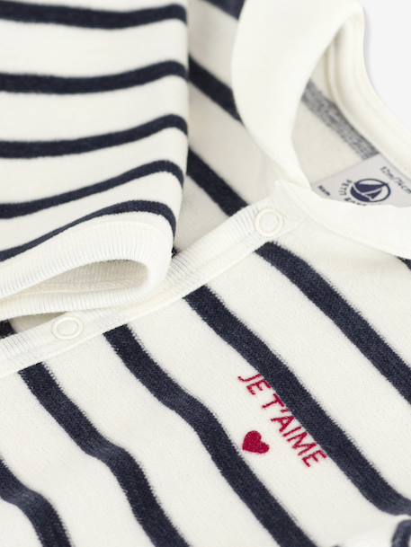 Unisex Pyjamas in Printed Striped Velour for Babies, PETIT BATEAU navy blue 