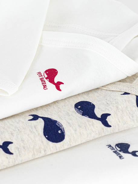 Pack of 3 Printed Long-Sleeved Wrapover Bodysuits for Babies, PETIT BATEAU white 