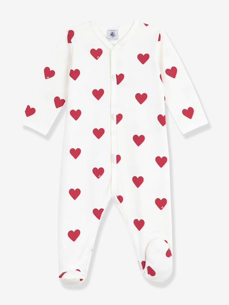 Baby unisex pyjamas in printed fleece with PETIT BATEAU hearts white 