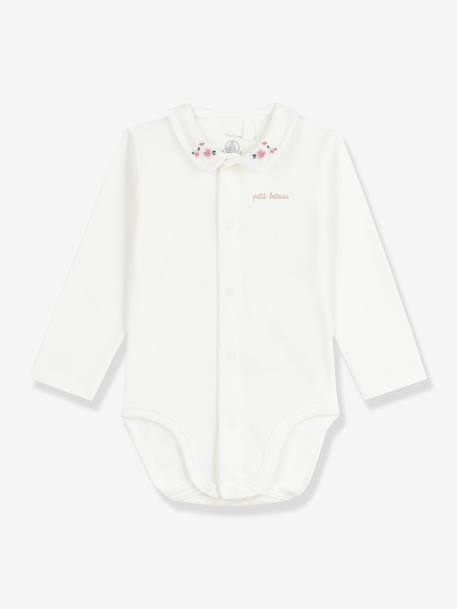 Bodysuit with Embroidered Collar for Babies, PETIT BATEAU white 