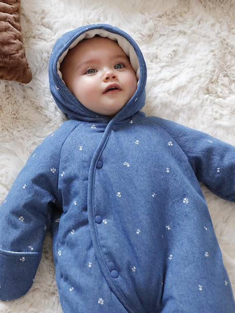 Denim Pramsuit with All-Over Print, for Newborns stone 