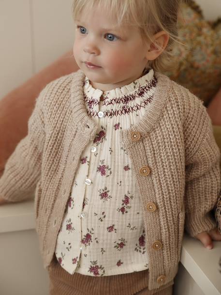 Chunky knit baby cardigan marl beige+sage green 