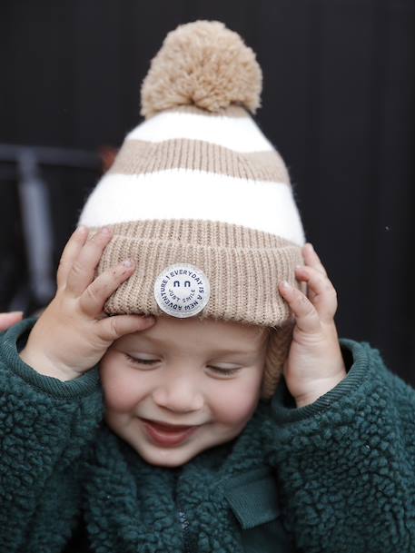 Striped Peruvian beanie, snood and mittens set for babies striped beige 