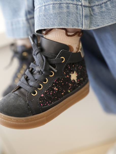 Lace-up and elasticated high-top leather trainers for babies navy blue 