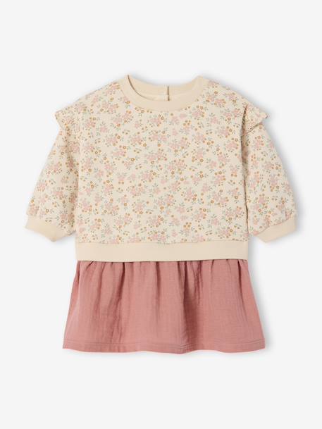 Two-fabric long-sleeved dress old rose 