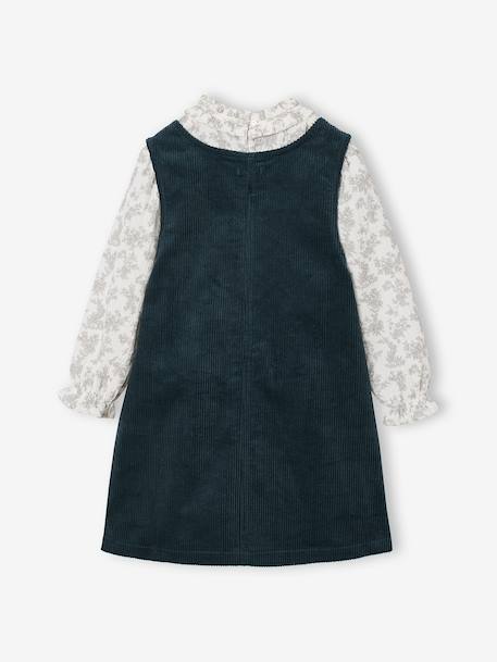 Velvet pinafore dress and cotton muslin blouse set for girls petrol blue 