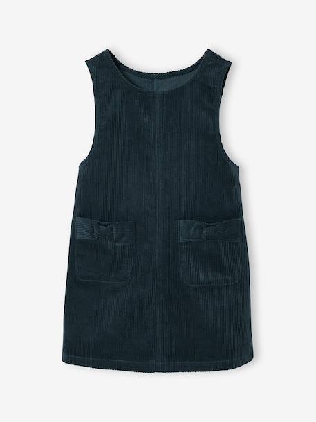 Velvet pinafore dress and cotton muslin blouse set for girls petrol blue 