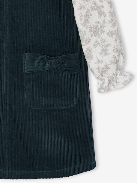 Velvet pinafore dress and cotton muslin blouse set for girls petrol blue 