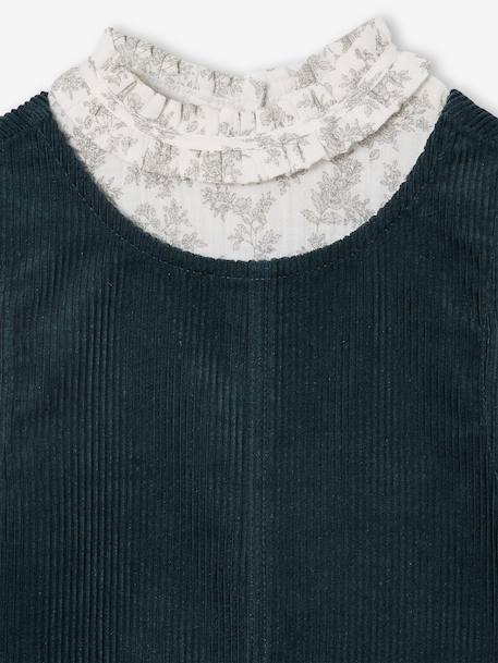Velvet pinafore dress and cotton muslin blouse set for girls petrol blue 