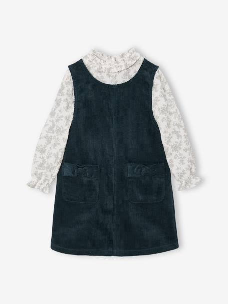 Velvet pinafore dress and cotton muslin blouse set for girls petrol blue 