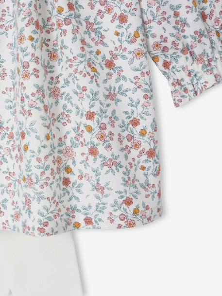 Newborn Set: Flower Print Dress + Tights ecru 