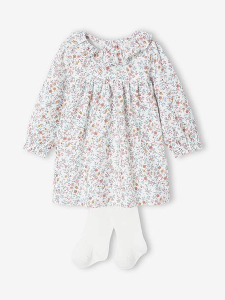 Newborn Set: Flower Print Dress + Tights ecru 
