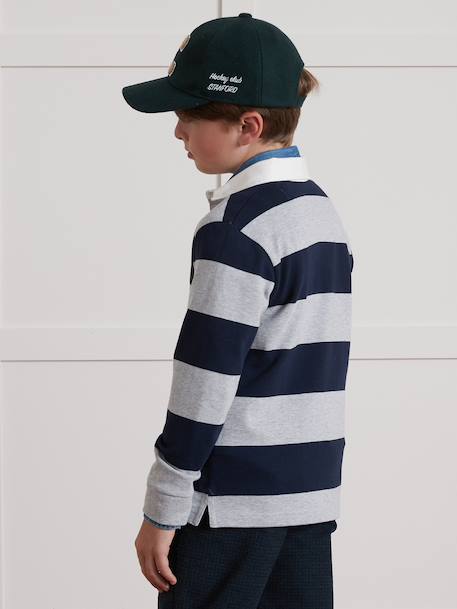 Striped Rugby Polo Shirt in Organic Cotton for Boys, CYRILLUS green+grey 