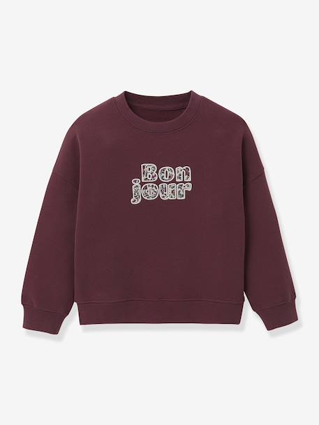 Girl's sweatshirt with slogan in organic cotton CYRILLUS bordeaux red 