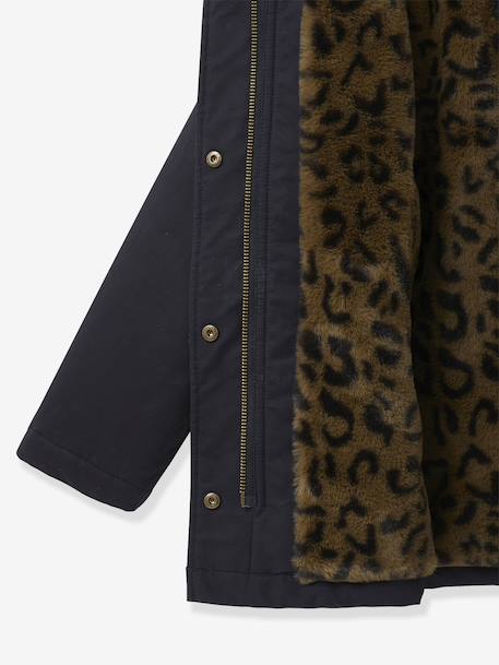 Girl's short parka with leopard lining CYRILLUS ink blue 