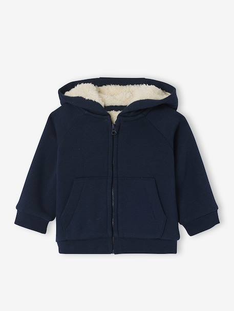 Zipped hooded cardigan for babies in fully lined fleece navy blue 