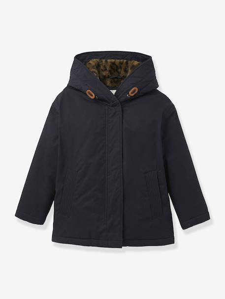 Girl's short parka with leopard lining CYRILLUS ink blue 