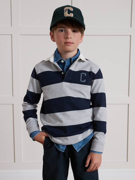 Striped Rugby Polo Shirt in Organic Cotton for Boys, CYRILLUS green+grey 
