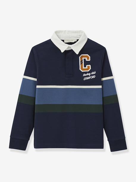 Striped Rugby Polo Shirt in Organic Cotton for Boys, CYRILLUS blue 