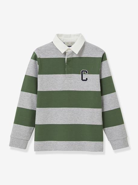 Striped Rugby Polo Shirt in Organic Cotton for Boys, CYRILLUS green+grey 